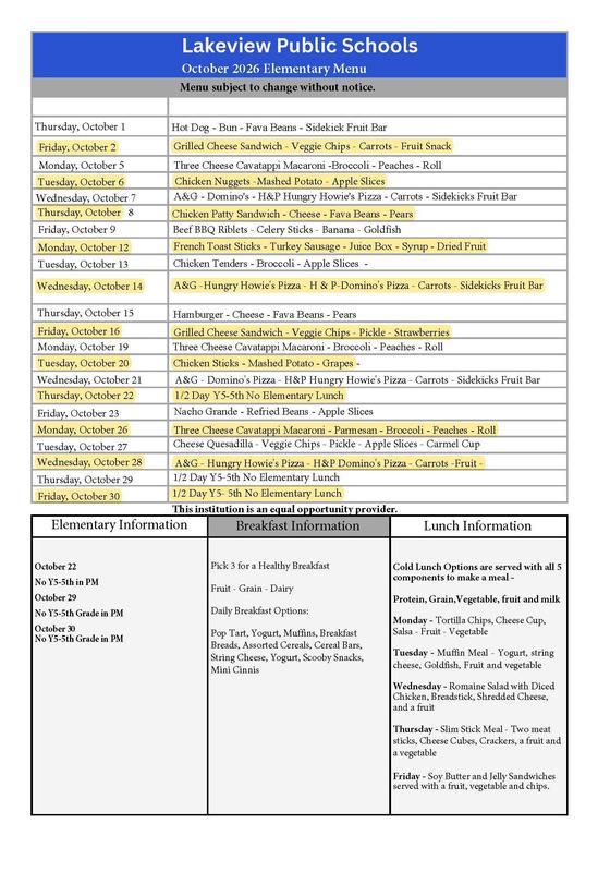 October Lunch menu