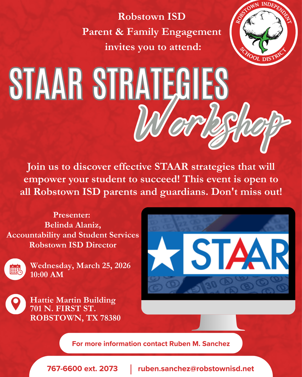 Event flyer for STAAR Strategies Workshop with details and contact information.