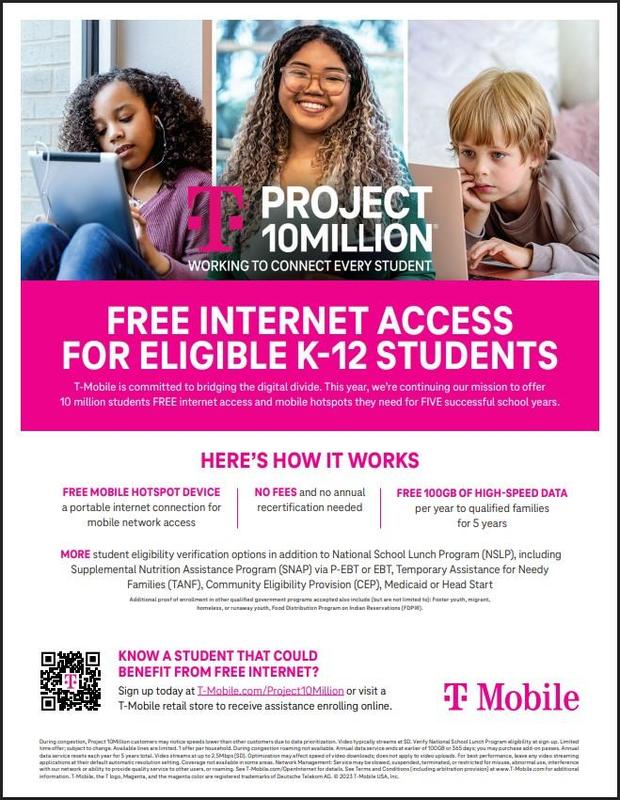 Group of students using technology with a T-Mobile promotional banner.