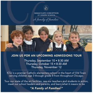 photo of 5 kids in school uniforms. Ad for a school tour