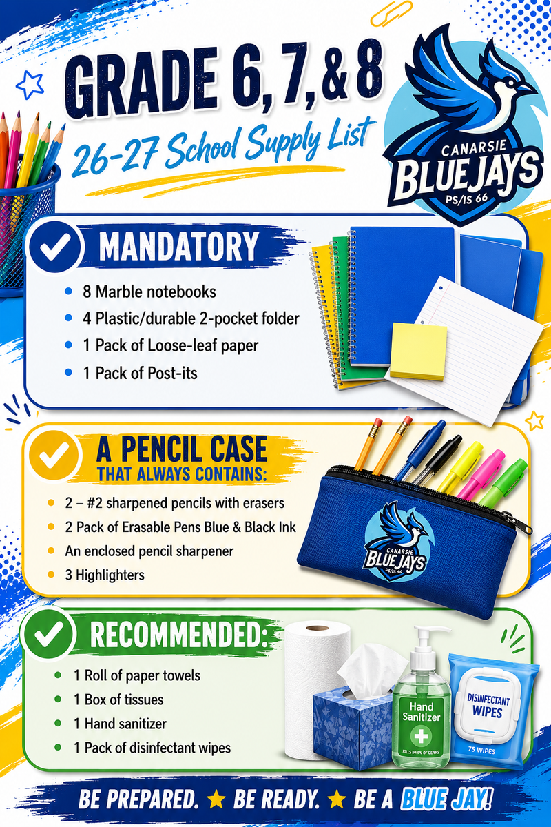 Canarsie Blue Jays School Supply List image for 26/27 school year.