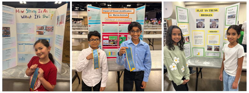 Students show ribbons: How Strong is an Egg without Its Shell; Impact of Ocean Acidification on Marine Animals; Flat vs Truss Bridges