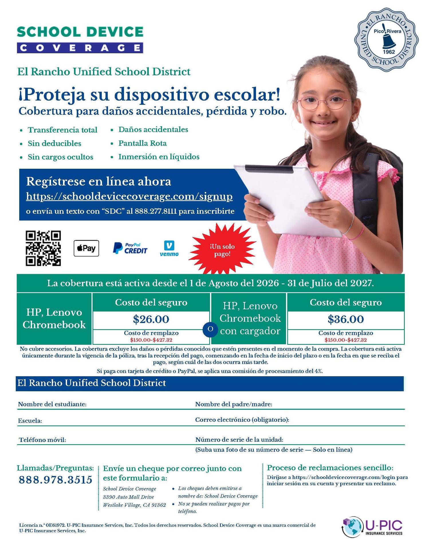 Folleto de School Device Coverage para dispositivos escolares de ERUSD.