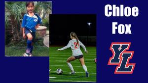 A split image shows two photos of a young girl in a soccer uniform and a young athlete playing night soccer. Text reads "Chloe Fox" with a sports team logo.