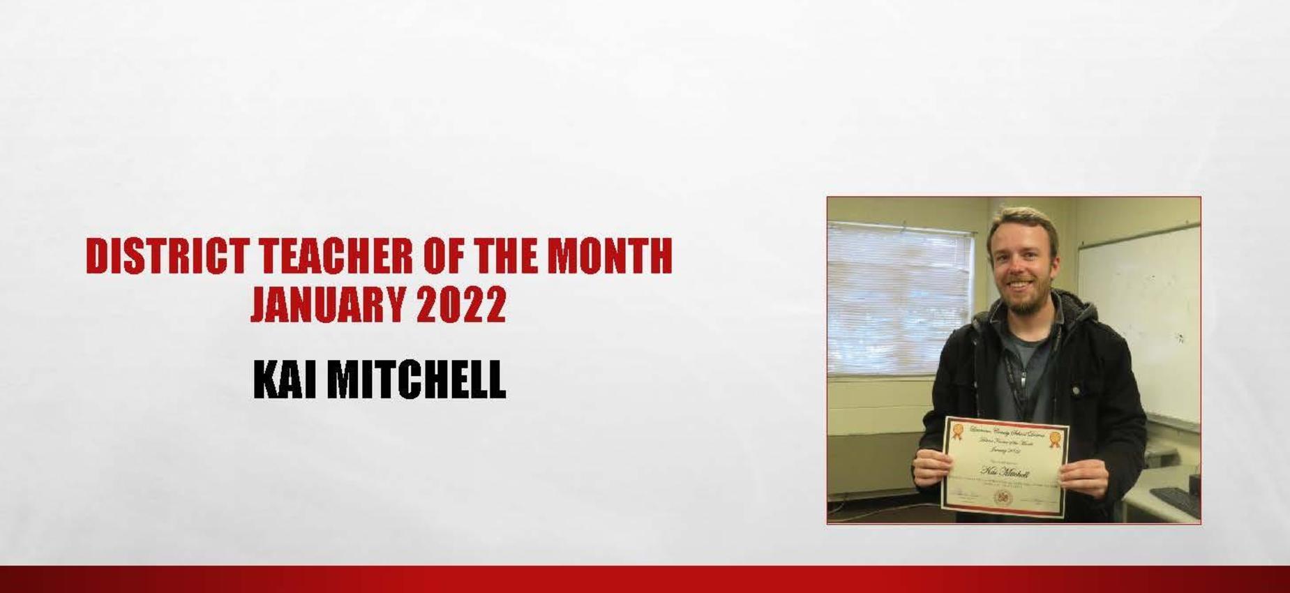 District Teacher of the Month January 2022 Kai Mitchell