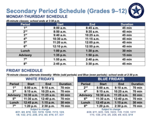 A screenshot of Secondary Period Schedule (Grades 9-12)