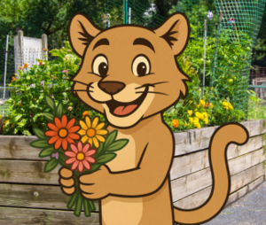 Illustrated puma holding flowers in front of garden beds
