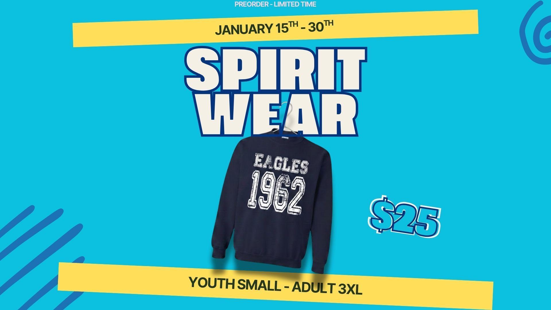 Navy sweatshirt with 'EAGLES 1932' text, promoting spirit wear for sale.
