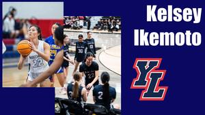 A basketball player in a white jersey, number 22, prepares to shoot, exuding focus and determination. Nearby, she sits smiling with teammates on a bench. The bold text "Kelsey Ikemoto" and a logo appear on a blue background.