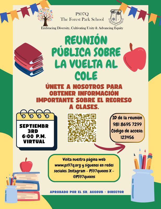 Back to school town hall flyer with date and time in Spanish