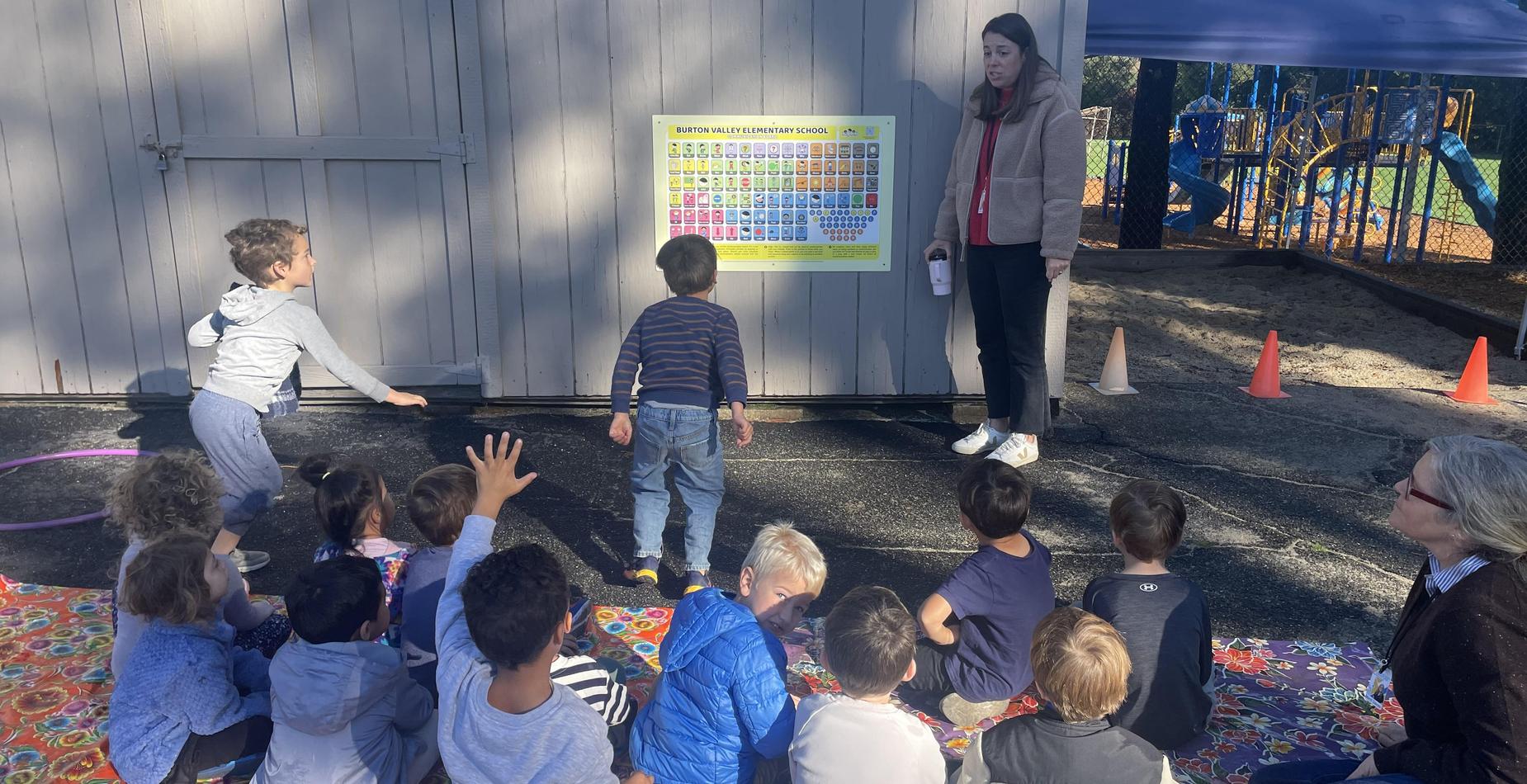 Burton Valley students using the playground communication board