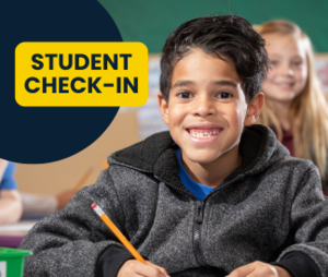 Student Check-In with photo of a student at a desk holding a pencil