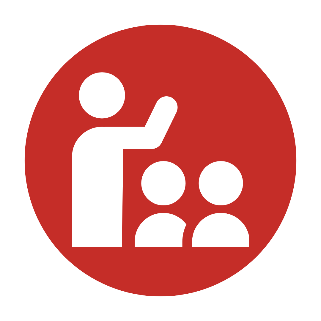 white teacher icon on red circular background