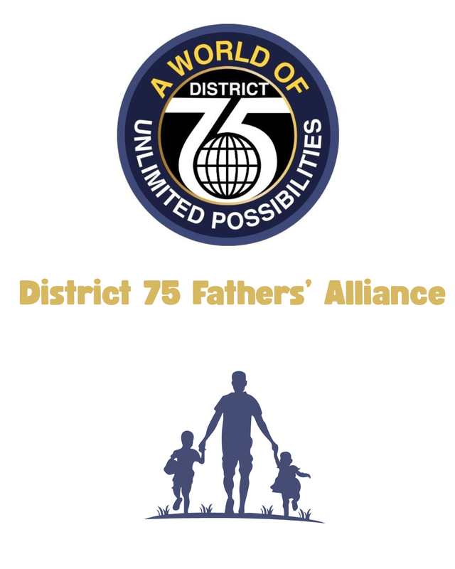 District 75 logo with gold text and picture of father with boy and girl