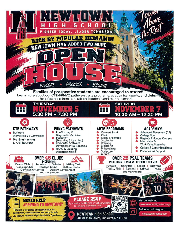 Newtown High School Open House flyer featuring event dates (October 15 and October 17), school programs, clubs, athletics, and an RSVP QR code for prospective students and families.