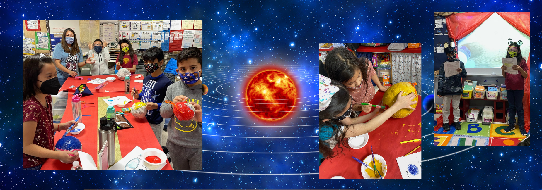 collage of photos showing elementary students making models of the solar system