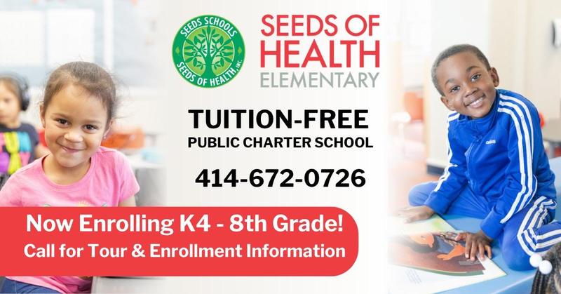 Ad for Seeds of Health Elementary Enrollment. Call 414-672-0726