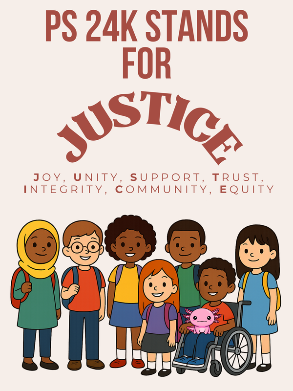 students from diverse backgrounds standing around. The word Justice stands out