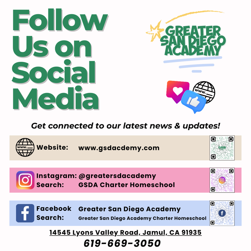 Our logo, QR codes to social media sites, plus social media icons
