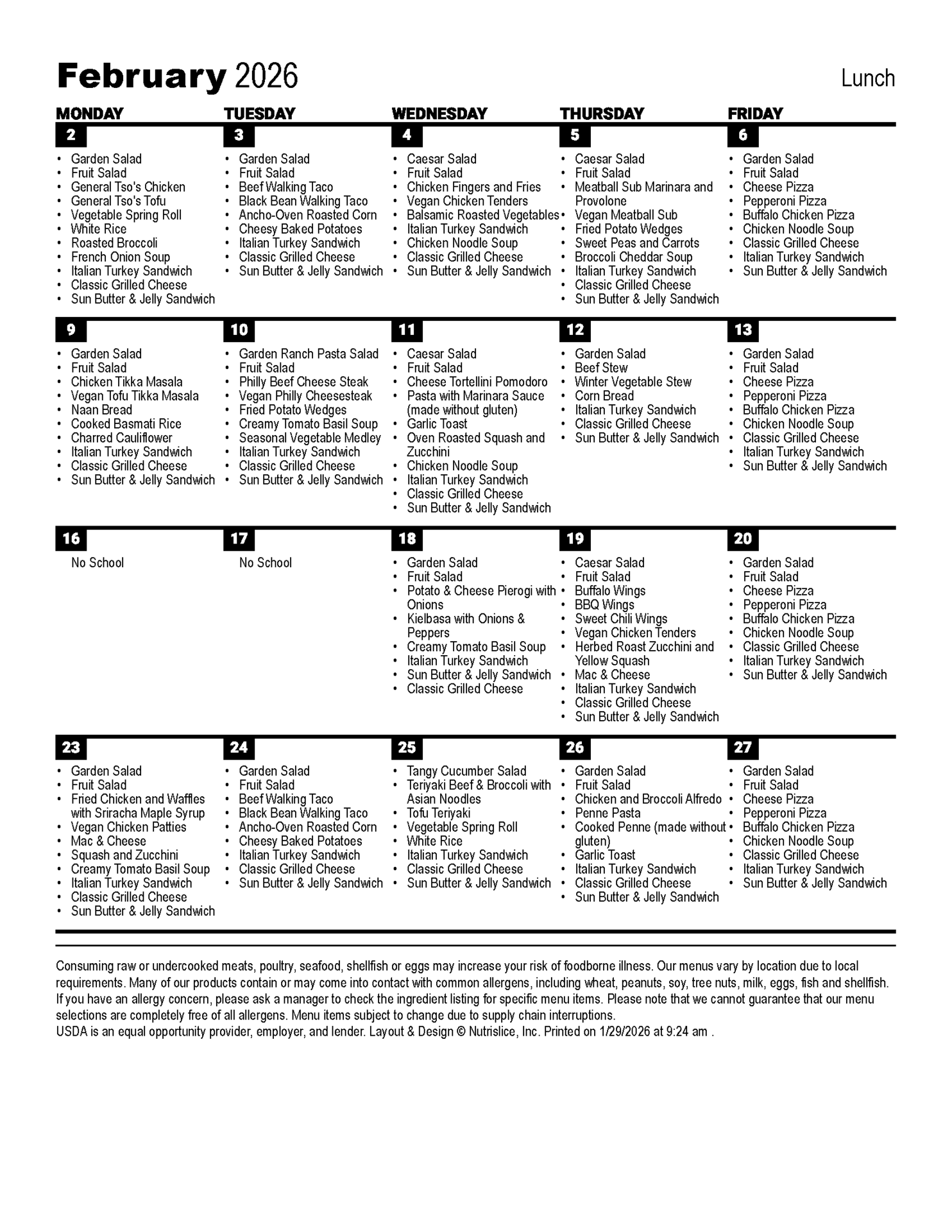 February 2026 Lunch Menu