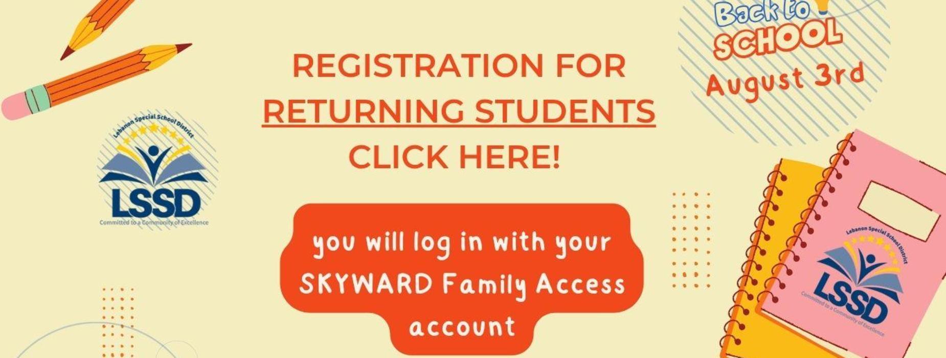 Announcement for student registration with school branding and illustrations.