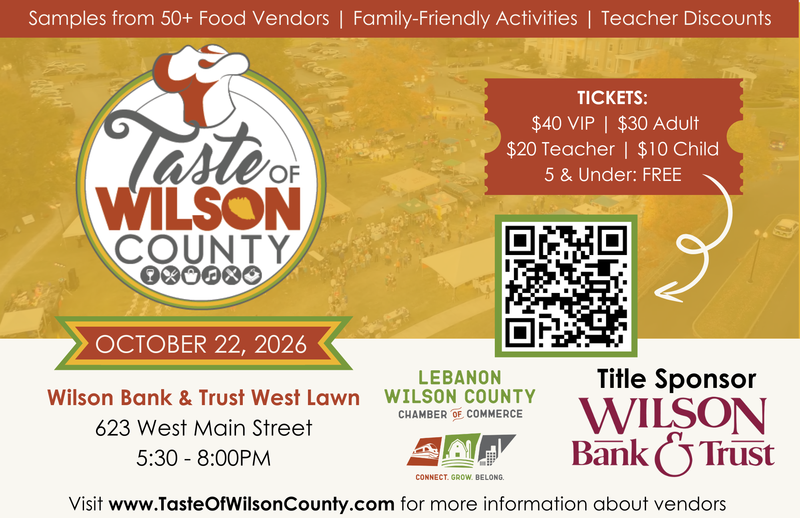 gold and white fllyer for Taste of Wilson with QR code to purchase tickets
