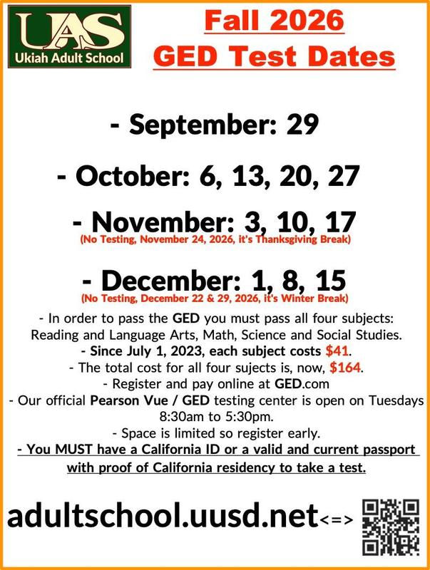 Fall 2026 GED / Pearson-Vue test dates poster.