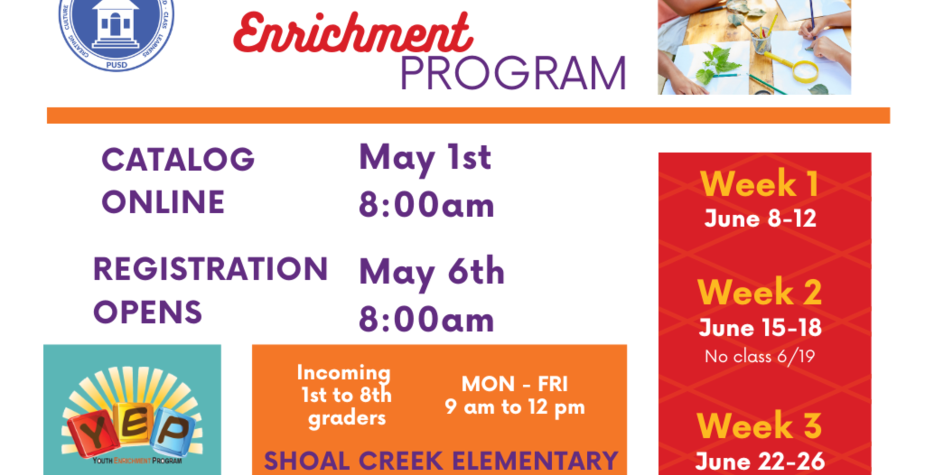 YEP program: Catalog online May 1st 8:00am
Register online: May 6th 8:00am
