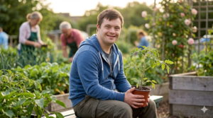 A smiling young adult sits on a bench in a garden holding a potted tomato plant