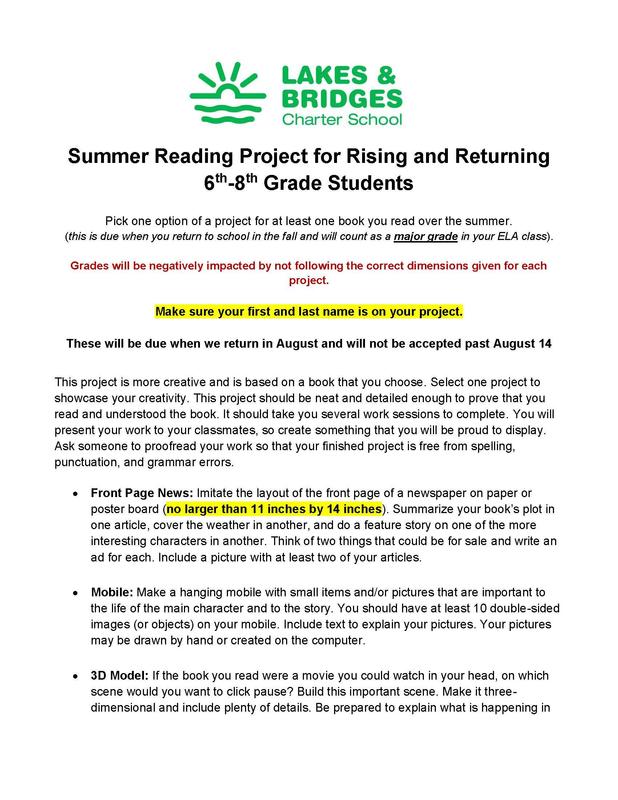 Required Summer Reading Project for Rising 6th-8th Grades Returning for the 2026-2027 School Year