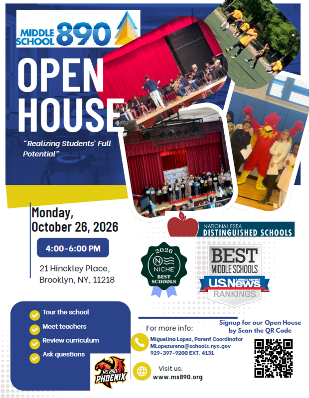 Open house flyer for Middle School 890 with event details and images.