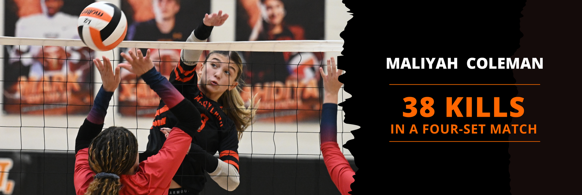 Maliyah Coleman jumps to hit the ball over the net, with text highlighting her 38 kills in a four-set match.
