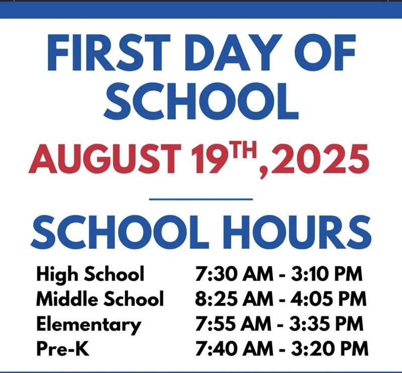 Graphic showing first day of school and school hours