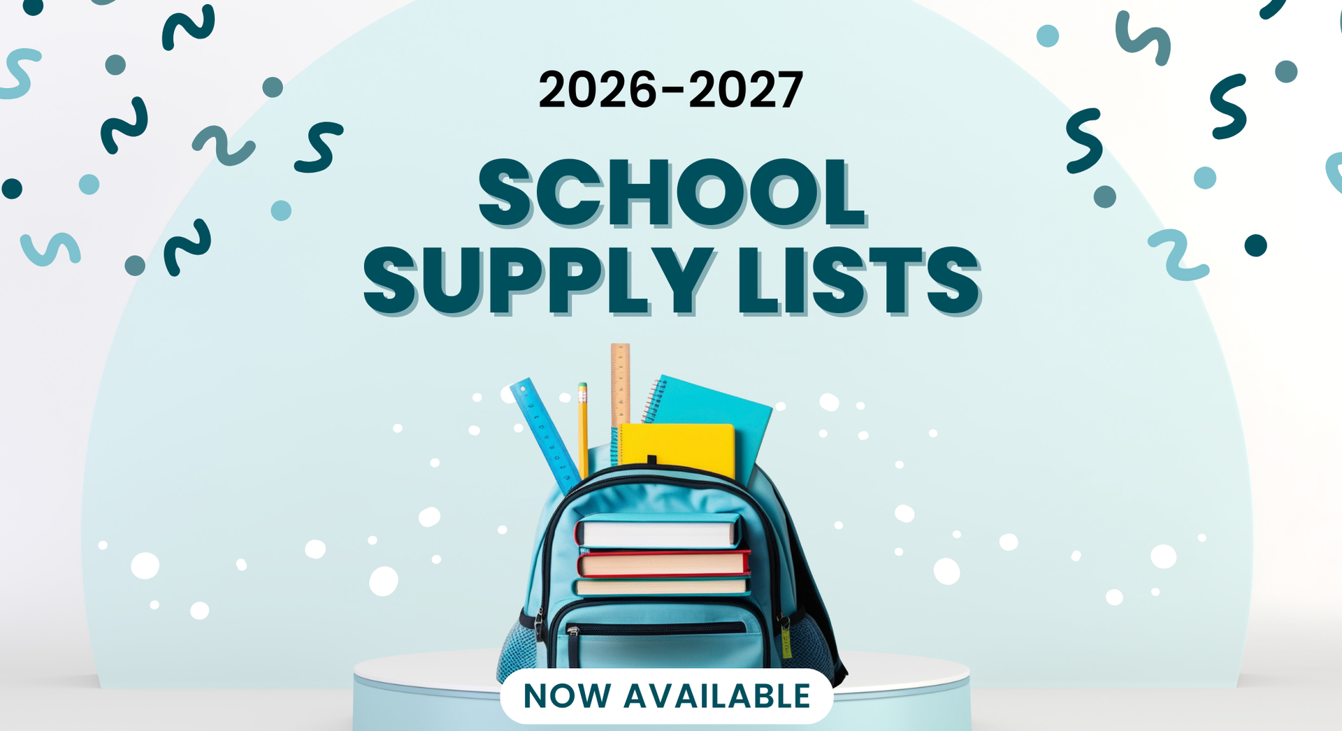 Backpack filled with school supplies on a blue background