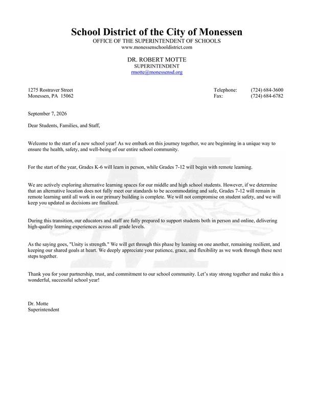 Letter from Dr. Motte, Superintendent 9/7/2026 (26-27 Start of School) Featured Photo