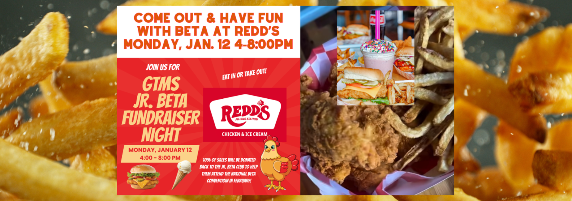 Promotional flyer for Redd's fundraiser night with food options and fries background.