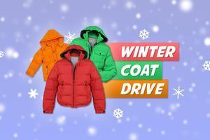 Three colorful winter jackets on a snowy background promoting a coat drive.
