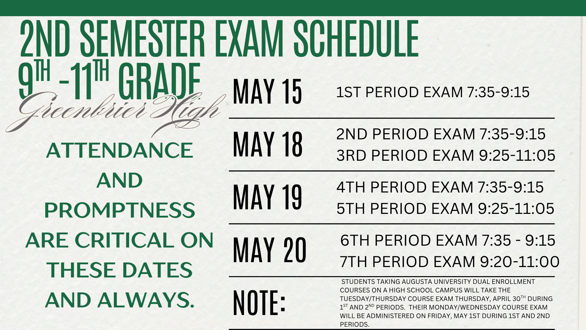 Exam Schedule for 9th - 11th Grade Students