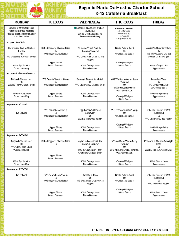 Hostos Breakfast Menu September