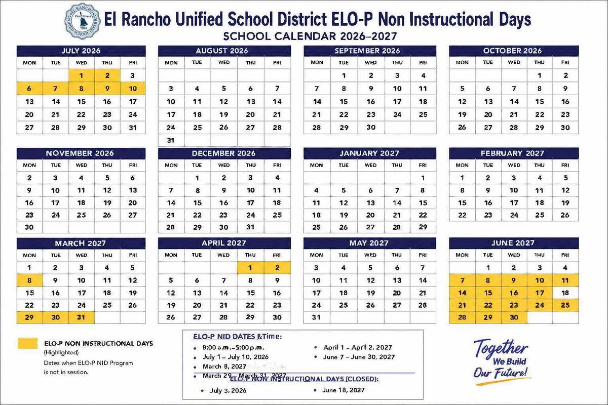 ELO-P Non-Instructional Days calendar for the 2026-2027 school year with program dates highlighted