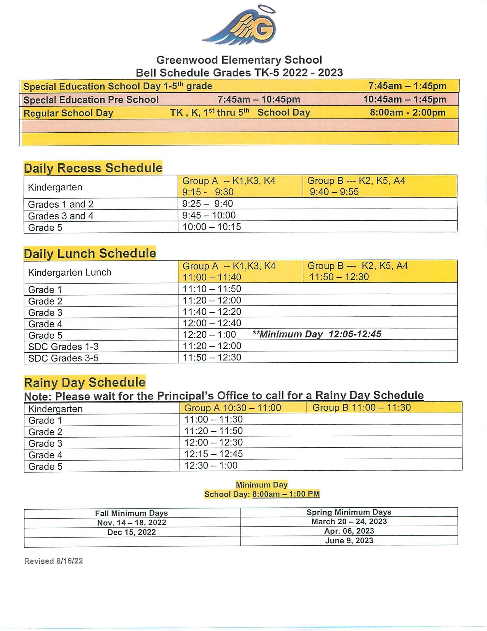 Bell Schedule Our School Greenwood Elementary School