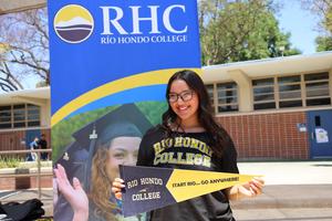 A Whittier Union Class of 2025 graduate celebrates her decision to attend Río Hondo College during a Commitment Day event.