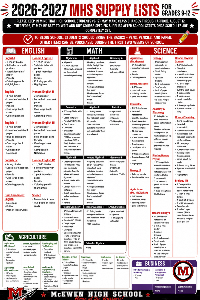 2026-2027 Feature Supply List 9-12
