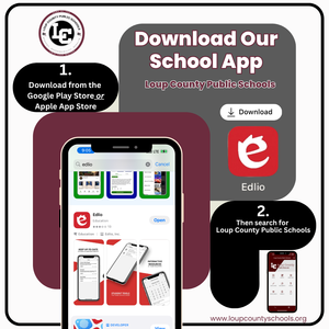 An instructional graphic titled "Download Our School App - Loup County Public Schools" featuring the school logo (Twin Loup Wolves) and website www.loupcountyschools.org at the bottom. The graphic details two steps to download the app: Step 1 displays a mobile screen searching for and downloading the red "Edlio" app from the Apple App Store or Google Play Store. Step 2 shows a mobile phone screen directing users to search for "Loup County Public Schools" within the Edlio app.