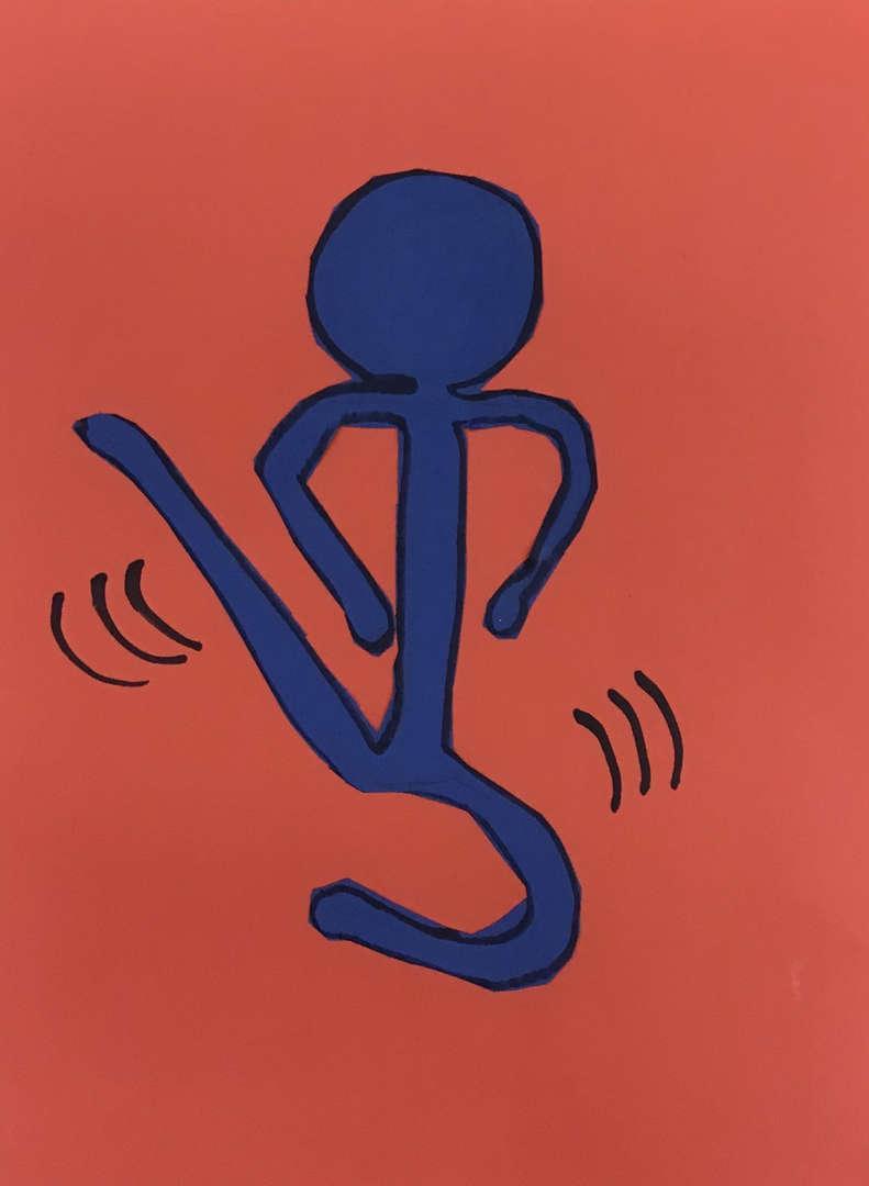 Simple blue stick figure on an orange background in a dynamic pose.