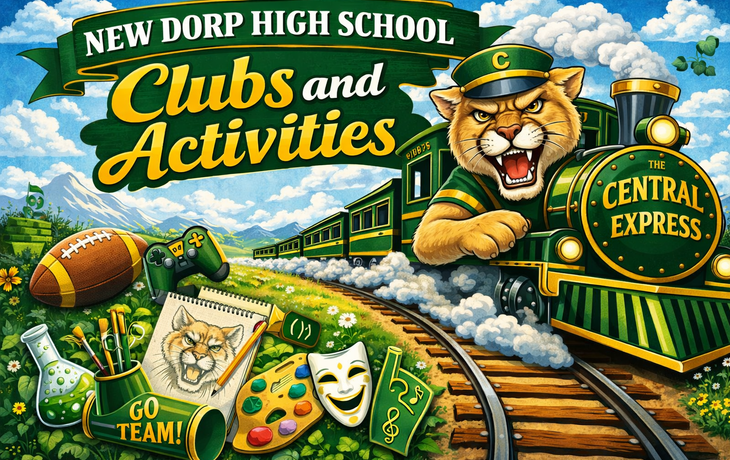 graphic that says New Dorp High School PSAL Sports. Has our school colors: green and gold, our school mascot the cougar and activity elements