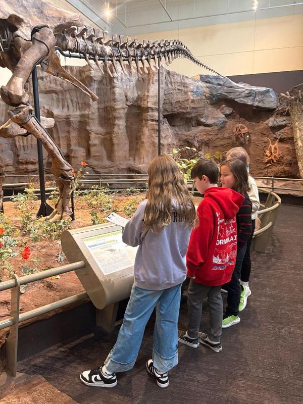 A team of four students examining an exhibit at the museum.