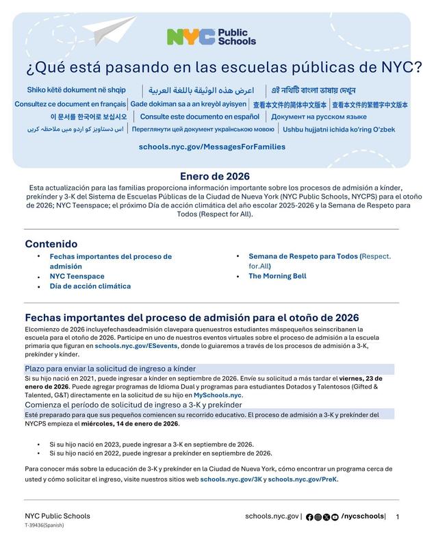 January 2026 NYCPS Family Letter- Spanish