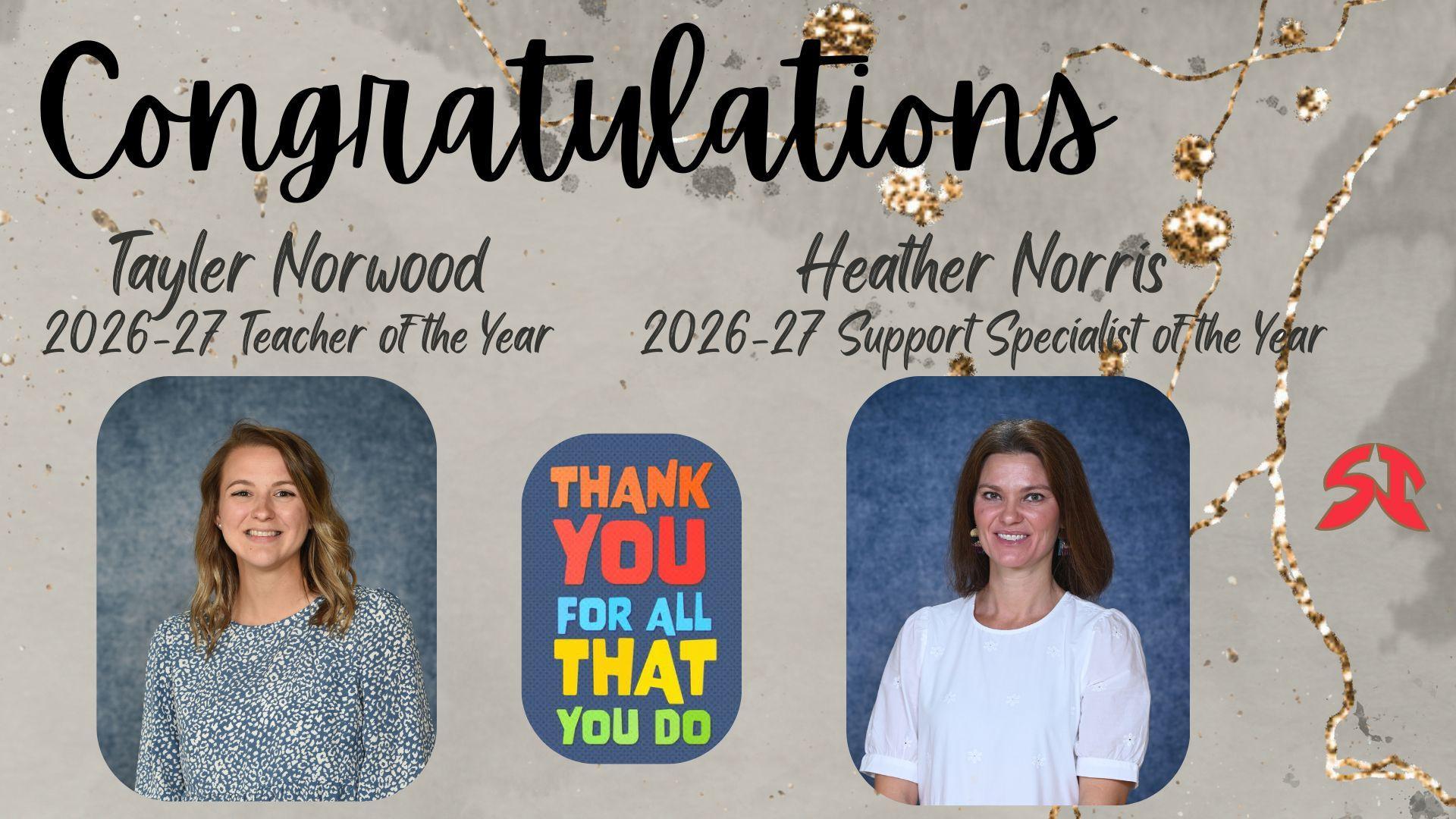 Celebratory graphic for two educators, with their names and awards.