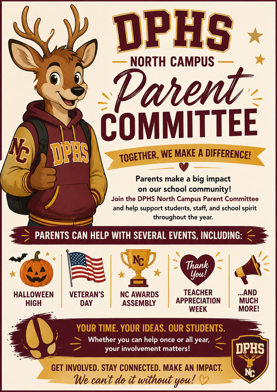 Flyer for North Campus Parent Committee with a deer wearing a DPHS sweatshirt.